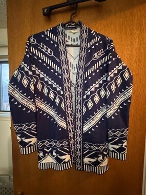 Pink Republic Navy and White Geometric Open-Front Women's Cardigan